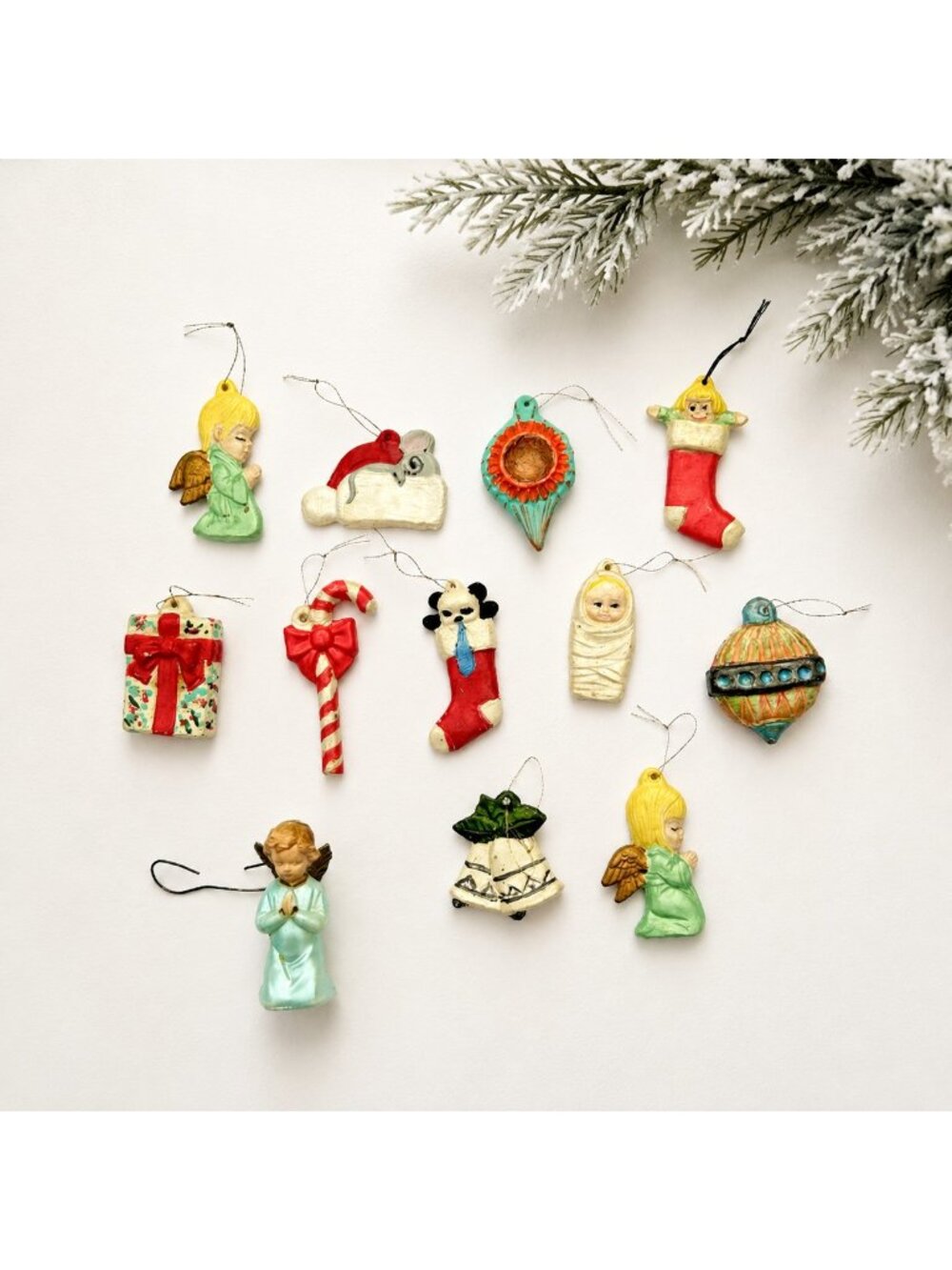 Vintage Handpainted Mini Ceramic Christmas Tree Ornaments Set of 12 Holiday